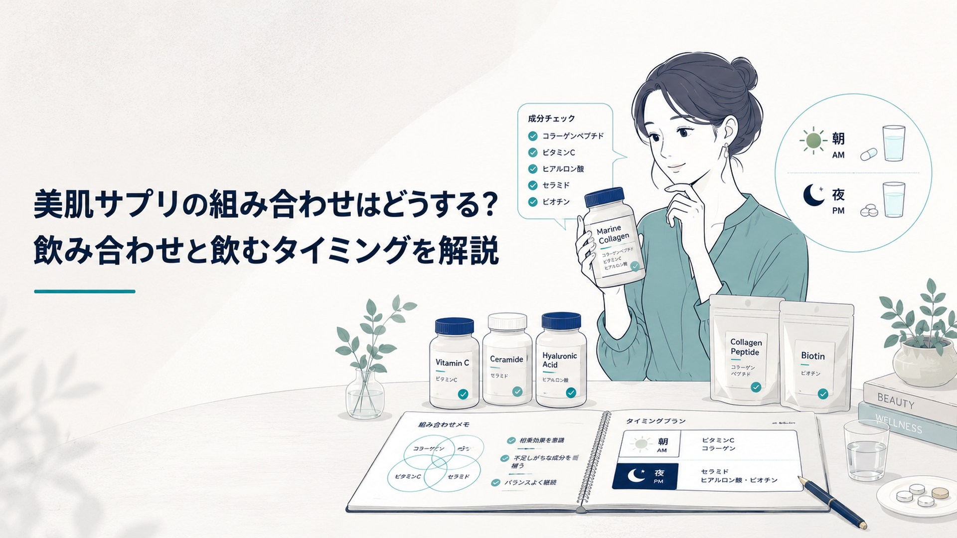 美肌サプリの成分表示を見ながら組み合わせと朝夜の予定を整理する女性