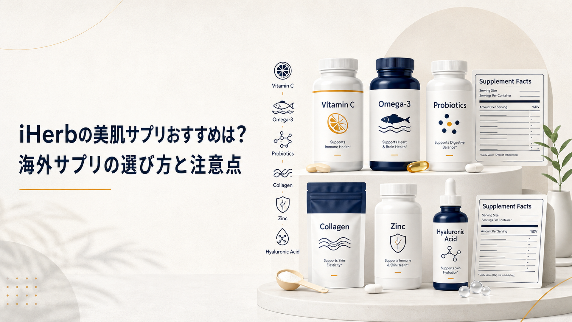 明るい背景にビタミンC、オメガ3、プロバイオティクスなど6種類の海外サプリとSupplement Factsを並べて比較しているイメージ