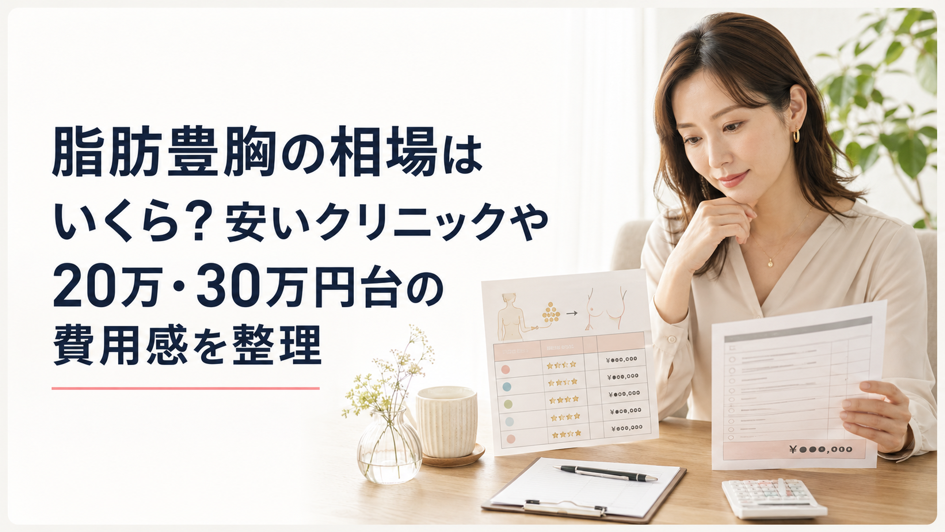 美容外科の相談スペースで脂肪豊胸の料金表と総額見積書を見比べる30代女性、落ち着いた明るい雰囲気で胸部露出なし