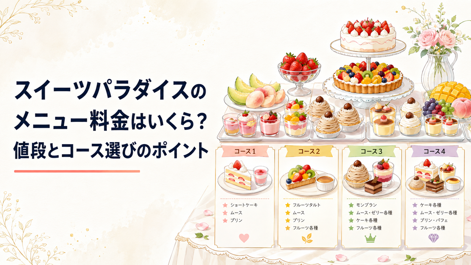 小さくカットされたケーキやムースやプリンが華やかに並ぶスイーツビュッフェ