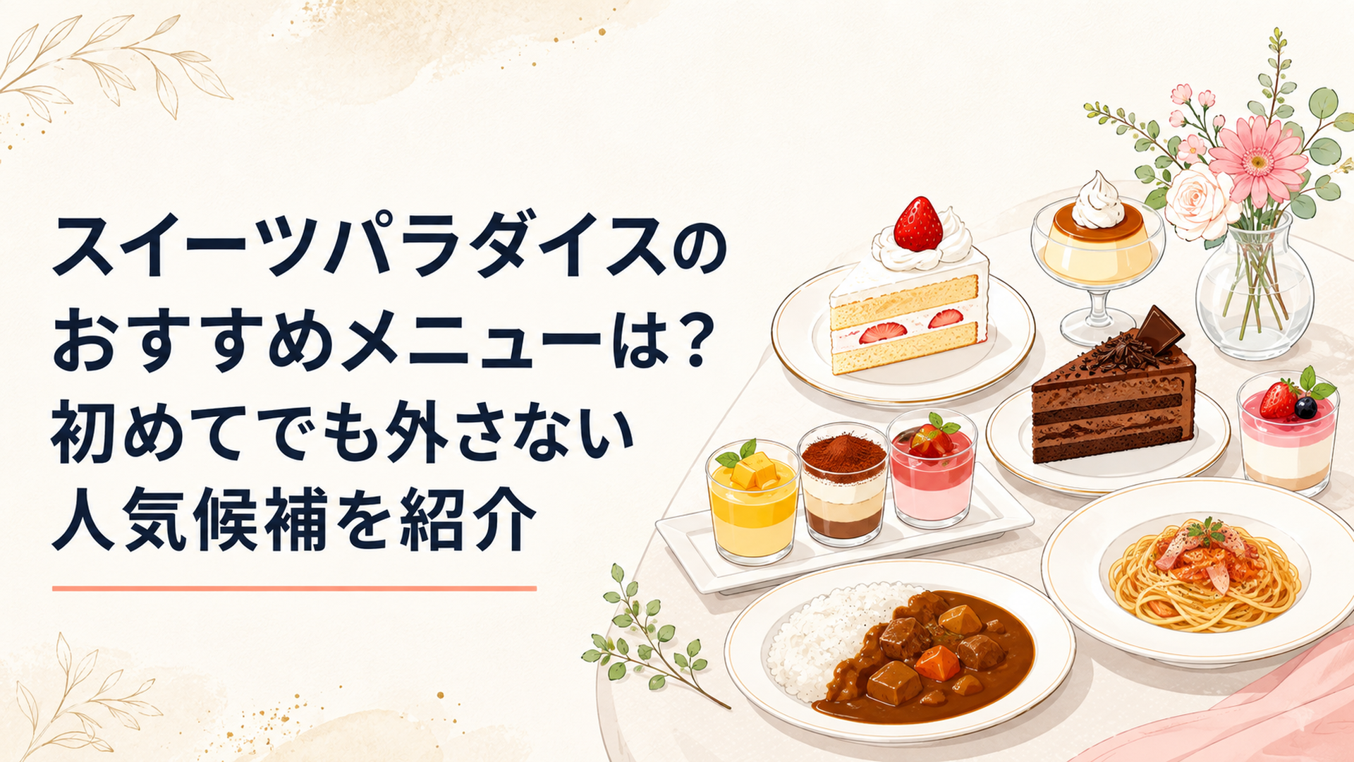 ショートケーキやチョコケーキ、プリン系スイーツ、パスタ、カレーを少量ずつ並べた華やかな食べ放題テーブル
