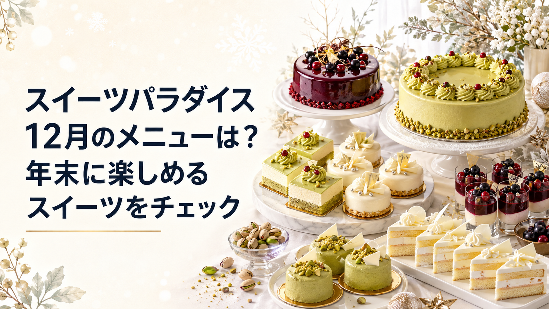 ピスタチオやカシス、ホワイトチョコを使った冬限定ケーキが並ぶ華やかなスイーツビュッフェ