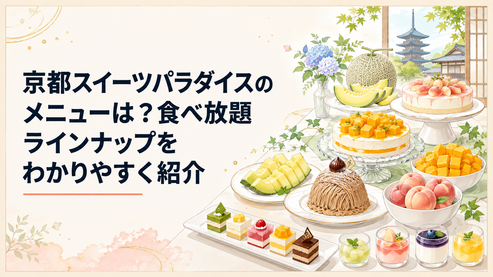 京都河原町のスイーツビュッフェで夏のケーキとメロンやもも、マンゴー、生搾りモンブランが華やかに並ぶ様子